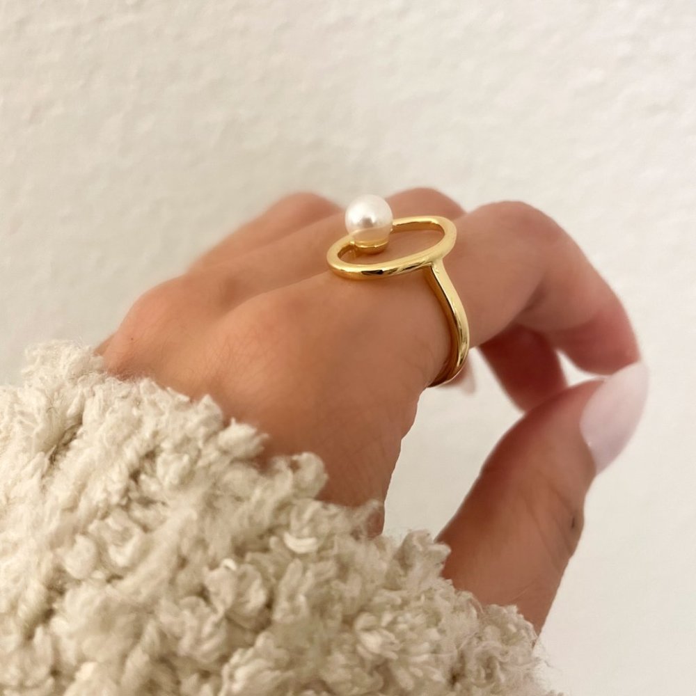 925 Sterling Silver Gold Pearl Statement Ring Boho Minimalist Oval Round Ring - Picture 4 of 8